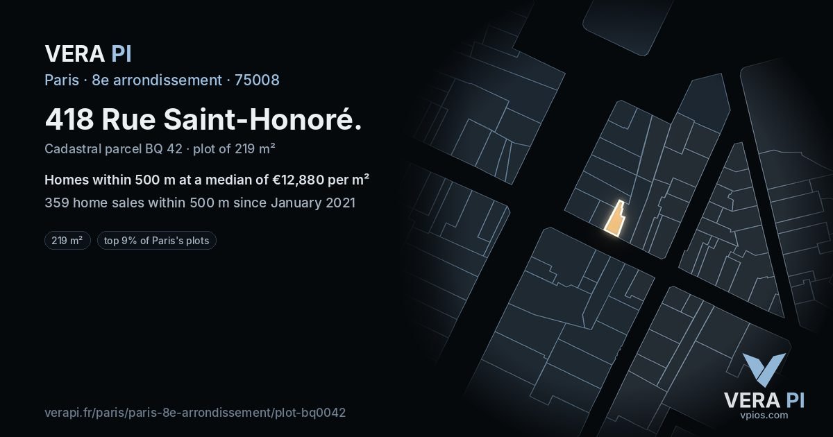 418 Rue Saint-Honoré, 8e arrondissement at night – the plot lit, the parcels around coloured by the prices near them