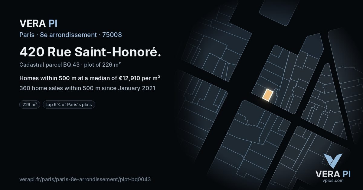 420 Rue Saint-Honoré, 8e arrondissement at night – the plot lit, the parcels around coloured by the prices near them