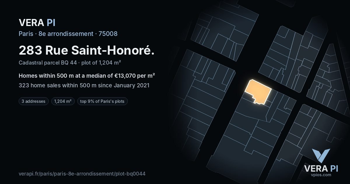 283 Rue Saint-Honoré, 8e arrondissement at night – the plot lit, the parcels around coloured by the prices near them
