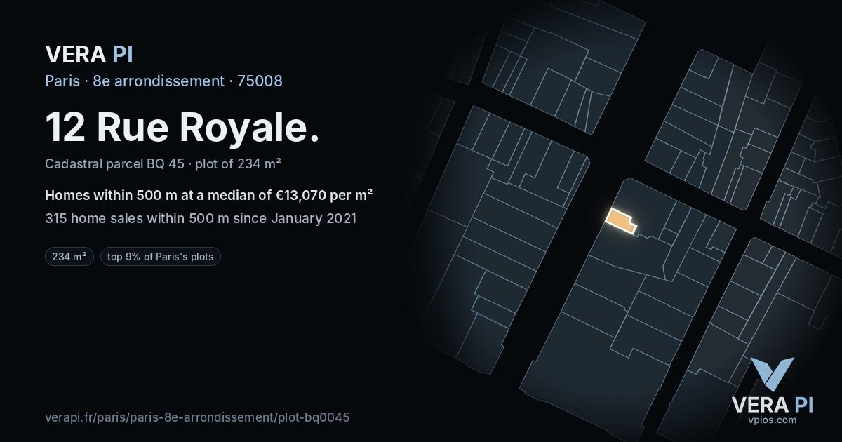12 Rue Royale, 8e arrondissement at night – the plot lit, the parcels around coloured by the prices near them