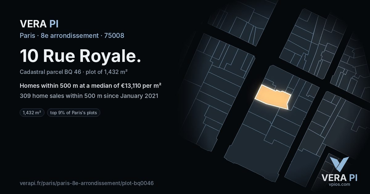 10 Rue Royale, 8e arrondissement at night – the plot lit, the parcels around coloured by the prices near them