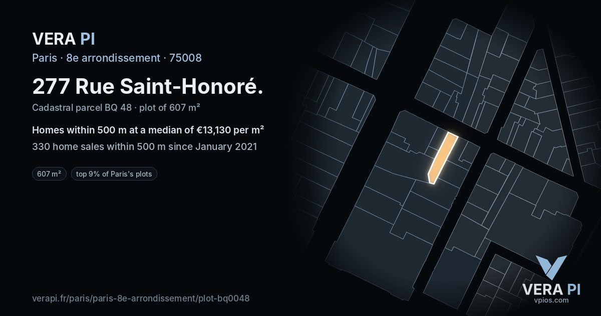 277 Rue Saint-Honoré, 8e arrondissement at night – the plot lit, the parcels around coloured by the prices near them