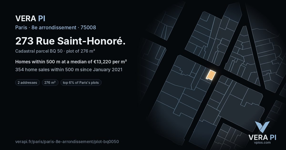 273 Rue Saint-Honoré, 8e arrondissement at night – the plot lit, the parcels around coloured by the prices near them