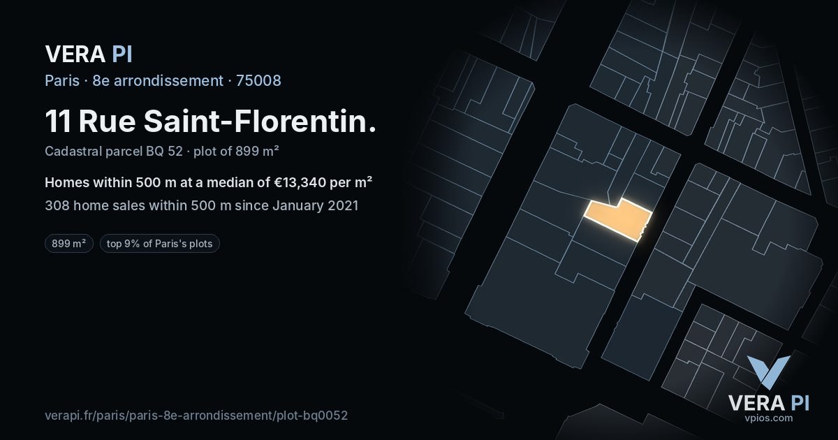 11 Rue Saint-Florentin, 8e arrondissement at night – the plot lit, the parcels around coloured by the prices near them