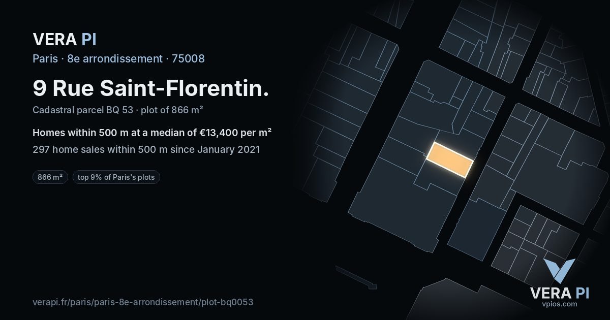9 Rue Saint-Florentin, 8e arrondissement at night – the plot lit, the parcels around coloured by the prices near them