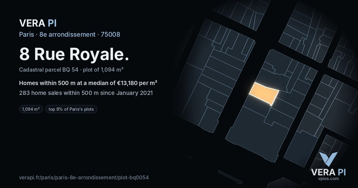 8 Rue Royale, 8e arrondissement at night – the plot lit, the parcels around coloured by the prices near them