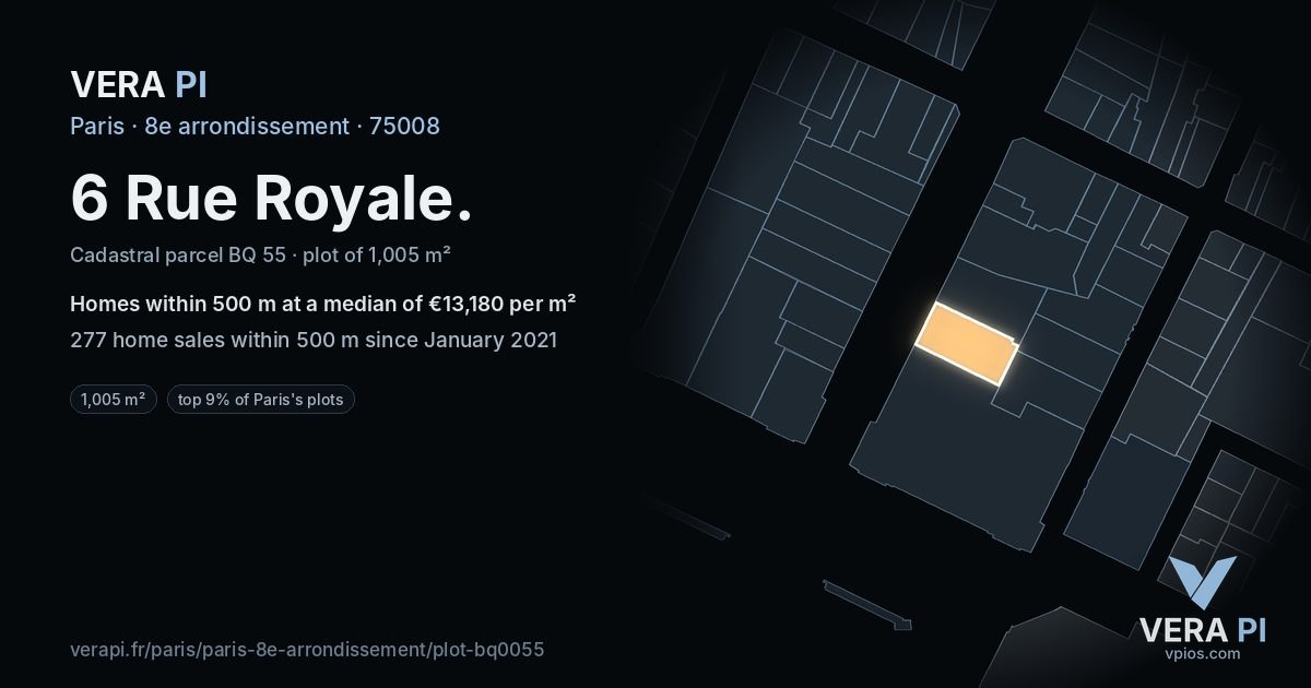 6 Rue Royale, 8e arrondissement at night – the plot lit, the parcels around coloured by the prices near them