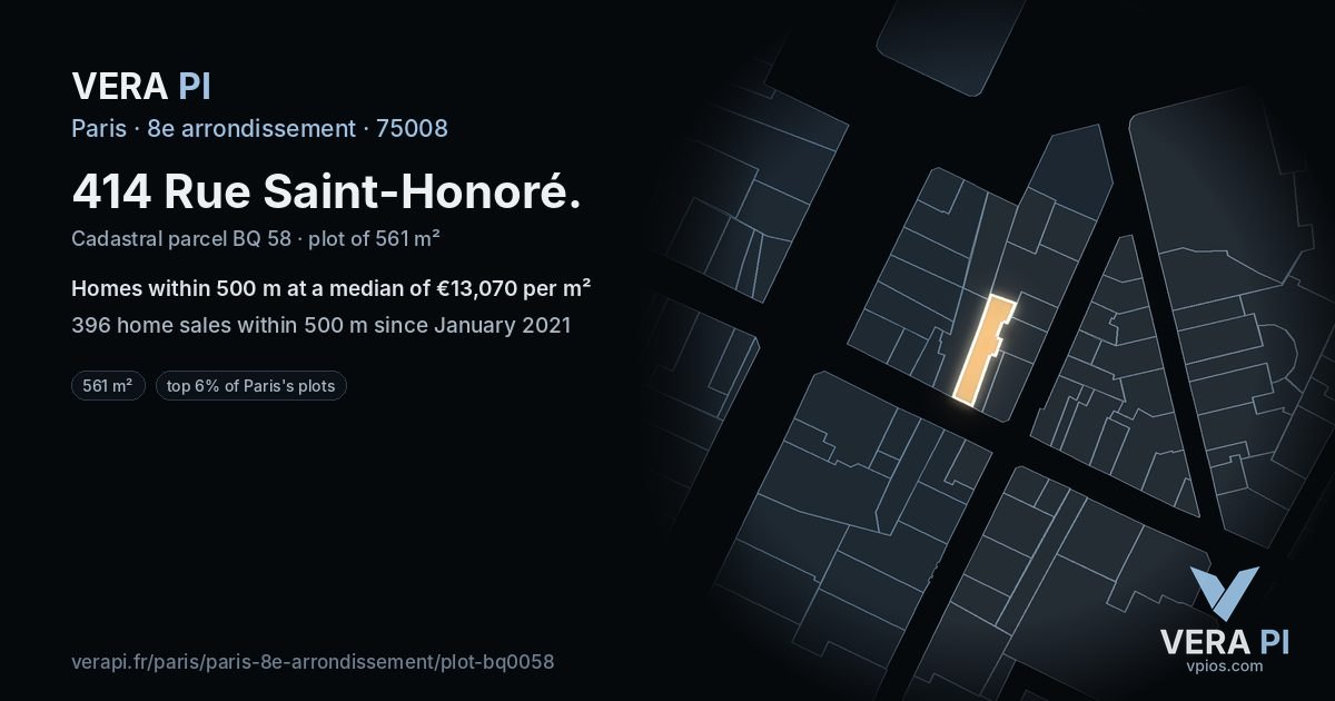 414 Rue Saint-Honoré, 8e arrondissement at night – the plot lit, the parcels around coloured by the prices near them