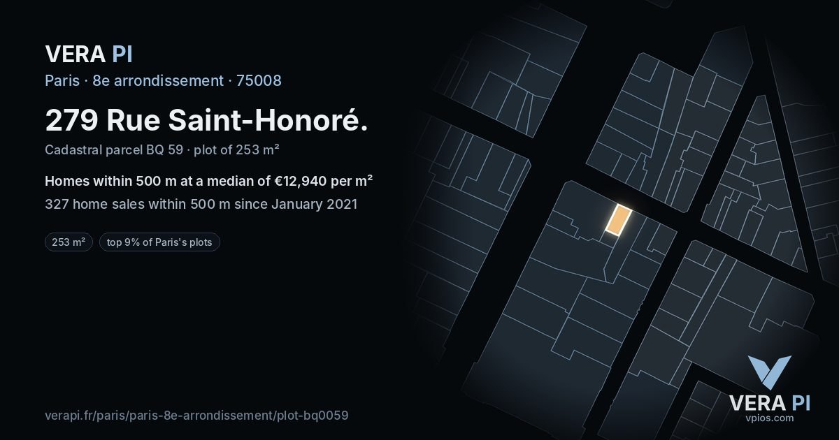 279 Rue Saint-Honoré, 8e arrondissement at night – the plot lit, the parcels around coloured by the prices near them