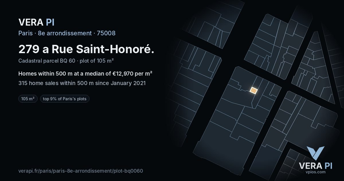 279 a Rue Saint-Honoré, 8e arrondissement at night – the plot lit, the parcels around coloured by the prices near them