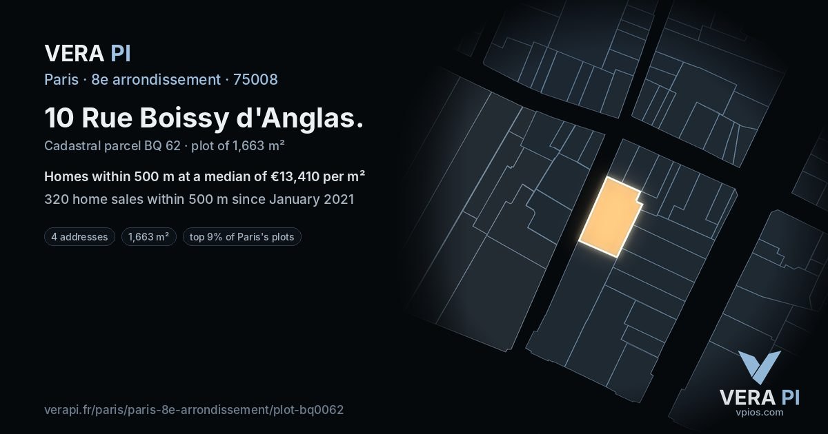 10 Rue Boissy d'Anglas, 8e arrondissement at night – the plot lit, the parcels around coloured by the prices near them