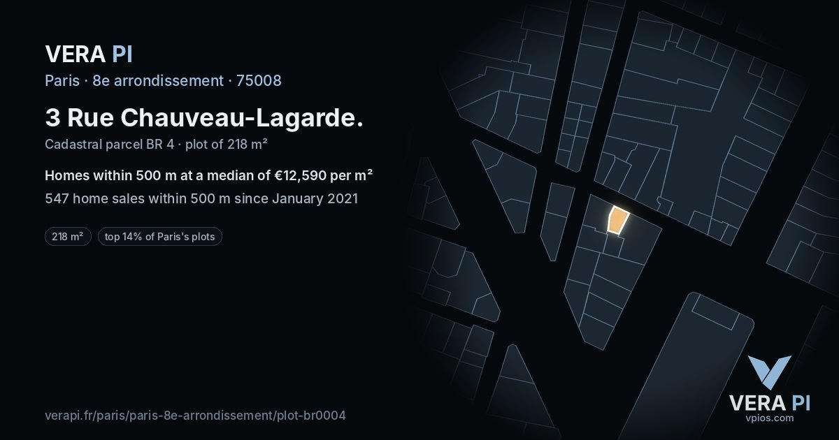 3 Rue Chauveau-Lagarde, 8e arrondissement at night – the plot lit, the parcels around coloured by the prices near them