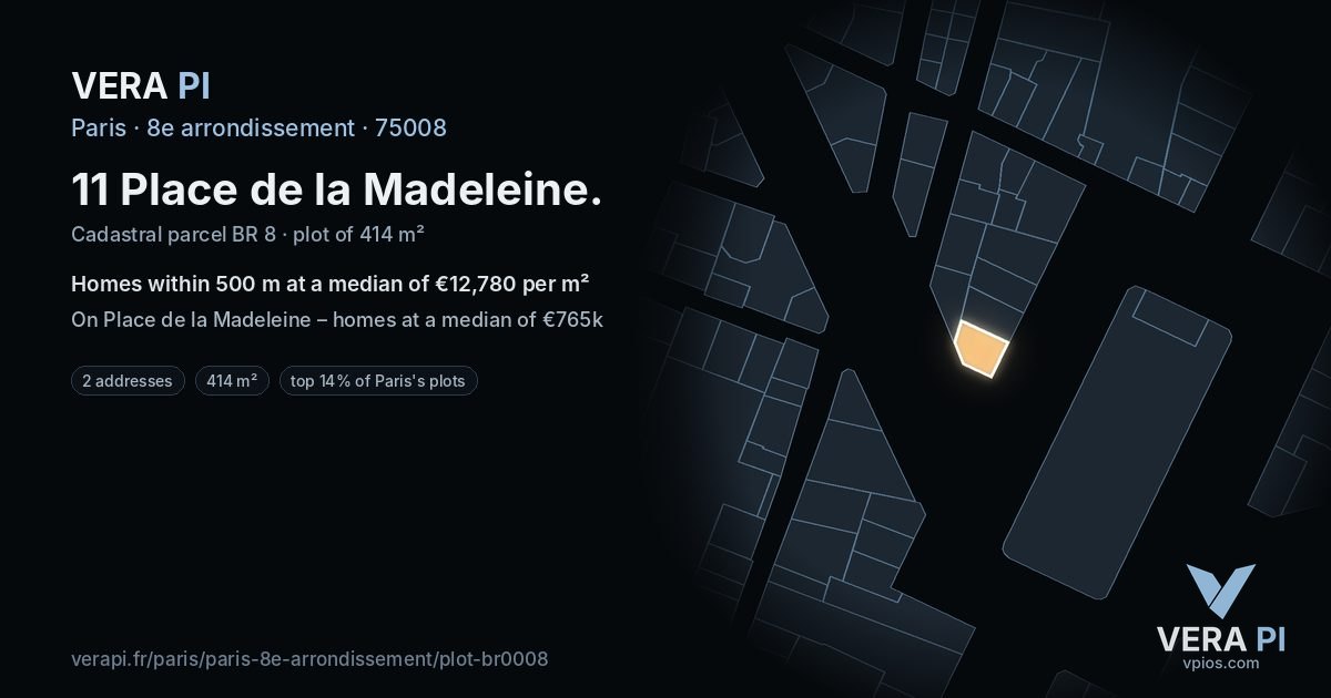 11 Place de la Madeleine, 8e arrondissement at night – the plot lit, the parcels around coloured by the prices near them