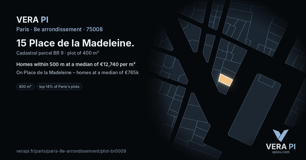 15 Place de la Madeleine, 8e arrondissement at night – the plot lit, the parcels around coloured by the prices near them