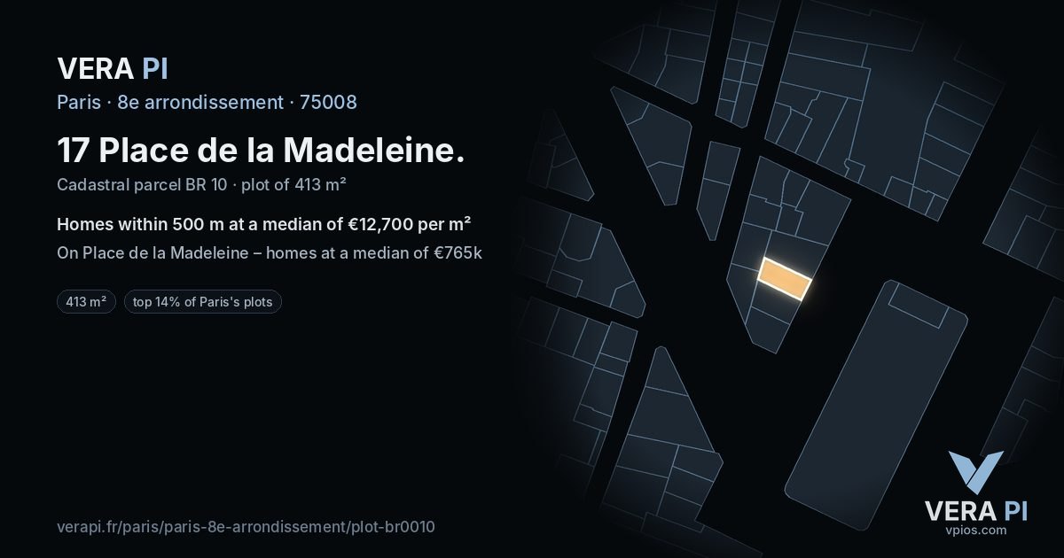 17 Place de la Madeleine, 8e arrondissement at night – the plot lit, the parcels around coloured by the prices near them
