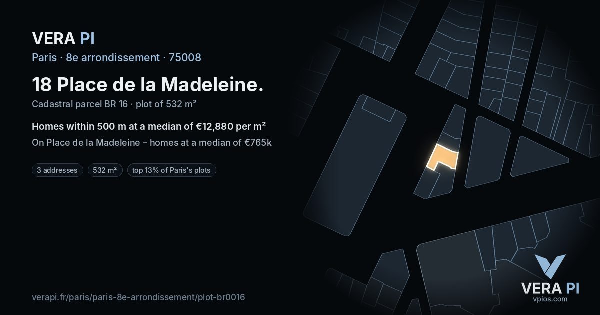 18 Place de la Madeleine, 8e arrondissement at night – the plot lit, the parcels around coloured by the prices near them