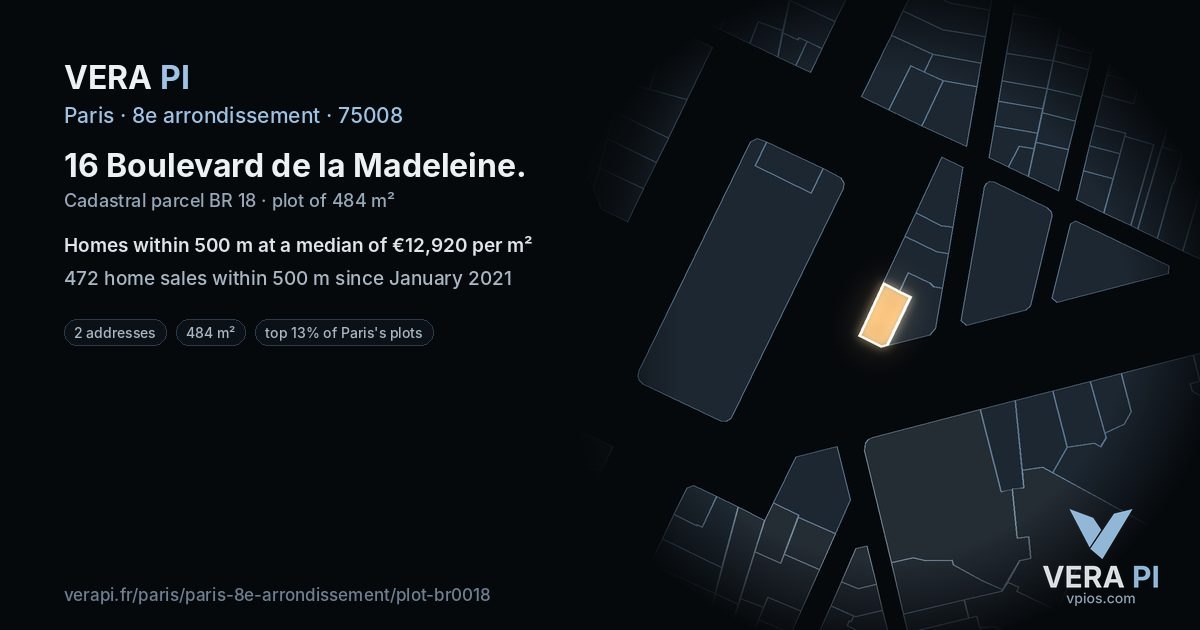 16 Boulevard de la Madeleine, 8e arrondissement at night – the plot lit, the parcels around coloured by the prices near them