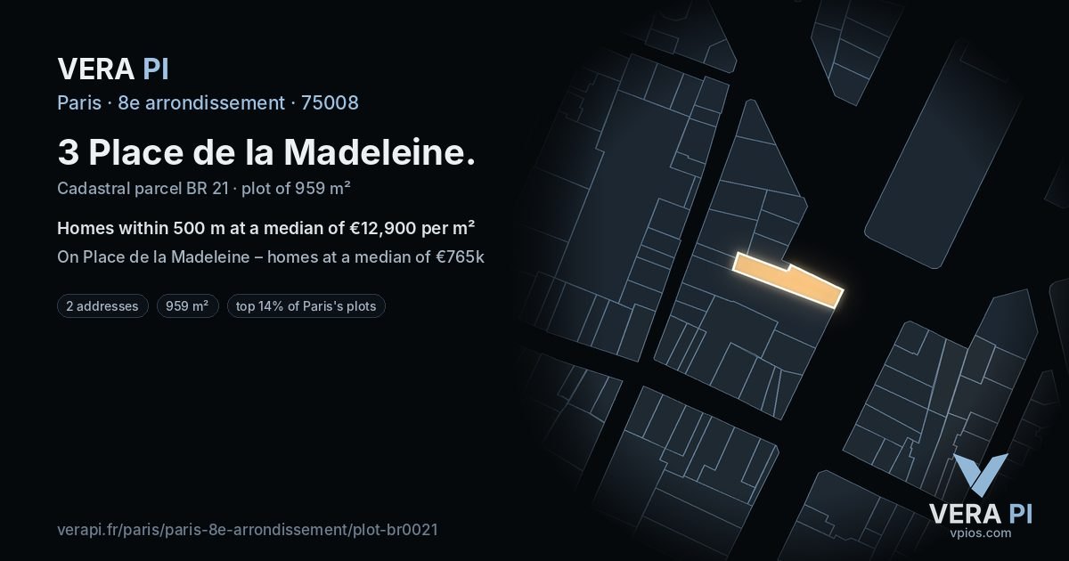 3 Place de la Madeleine, 8e arrondissement at night – the plot lit, the parcels around coloured by the prices near them