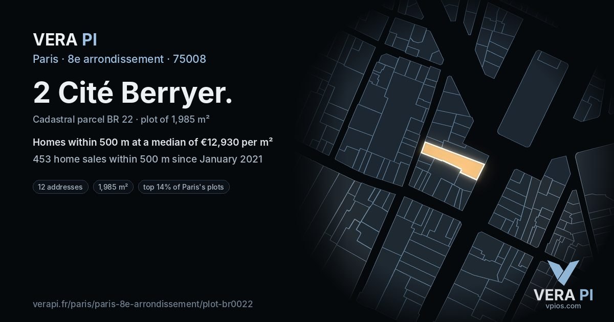 2 Cité Berryer, 8e arrondissement at night – the plot lit, the parcels around coloured by the prices near them