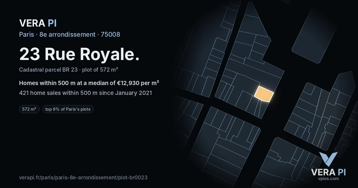 23 Rue Royale, 8e arrondissement at night – the plot lit, the parcels around coloured by the prices near them