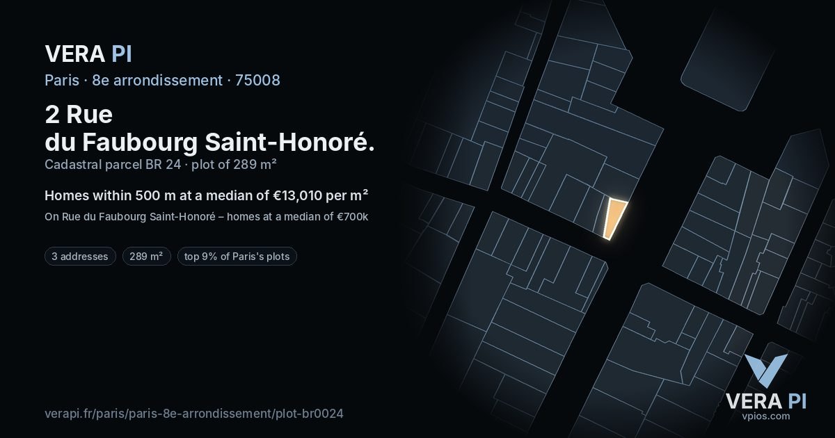 2 Rue du Faubourg Saint-Honoré, 8e arrondissement at night – the plot lit, the parcels around coloured by the prices near them