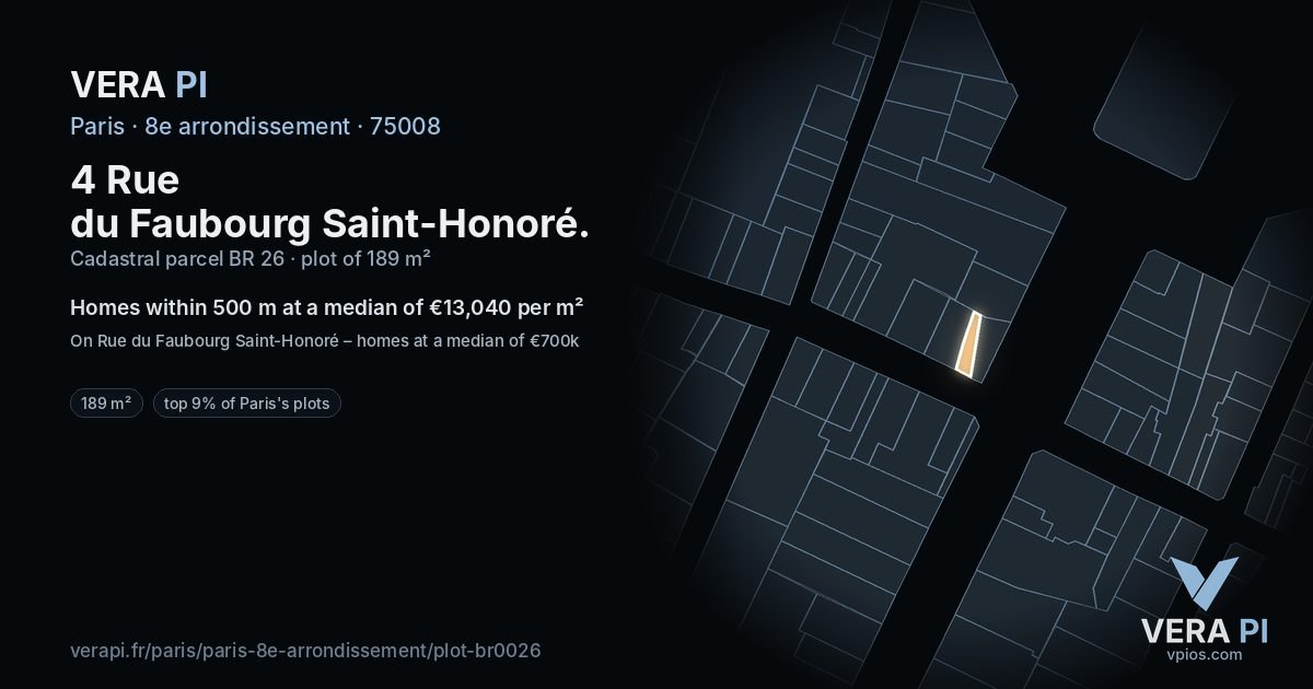 4 Rue du Faubourg Saint-Honoré, 8e arrondissement at night – the plot lit, the parcels around coloured by the prices near them