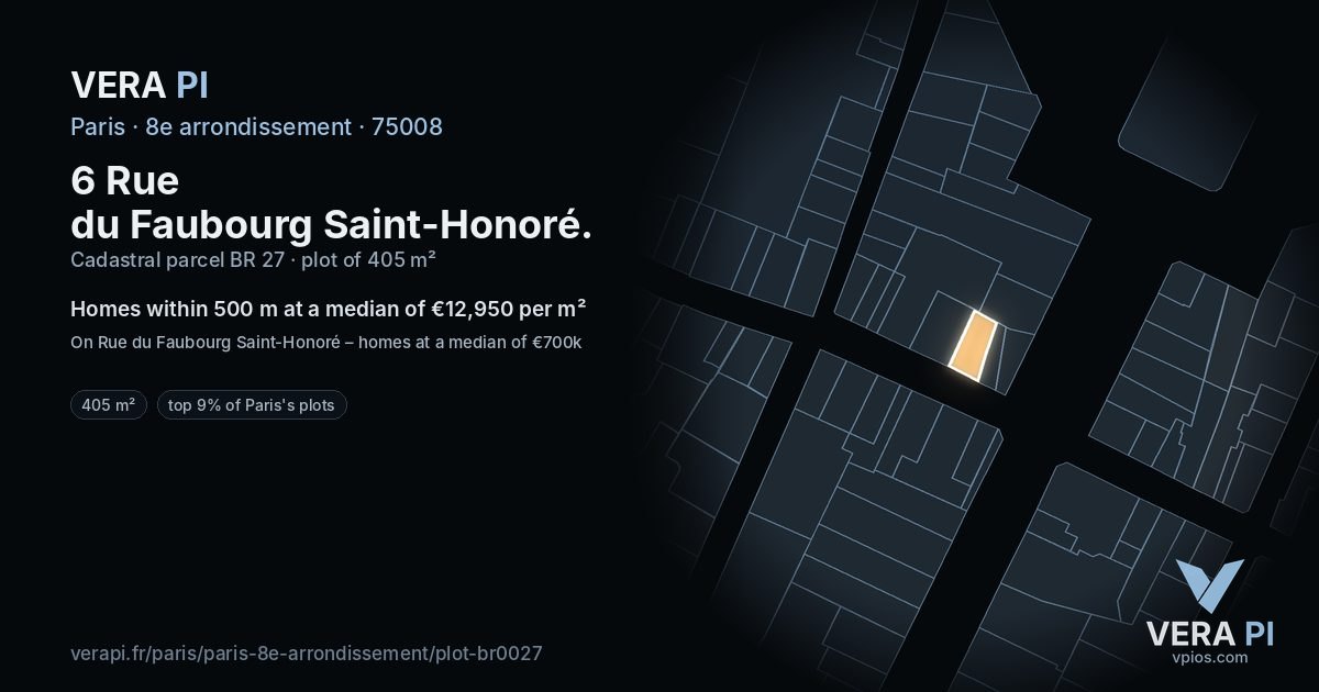 6 Rue du Faubourg Saint-Honoré, 8e arrondissement at night – the plot lit, the parcels around coloured by the prices near them