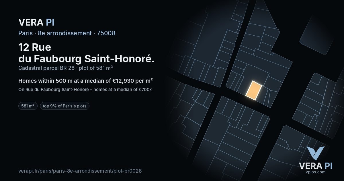 12 Rue du Faubourg Saint-Honoré, 8e arrondissement at night – the plot lit, the parcels around coloured by the prices near them
