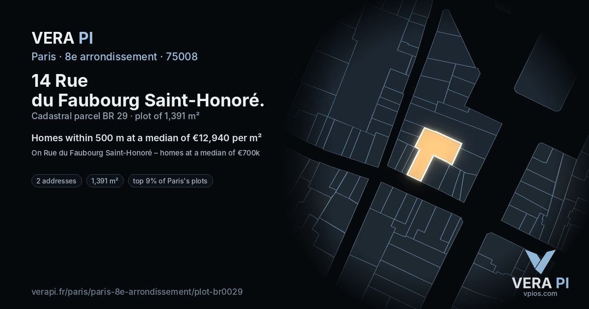 14 Rue du Faubourg Saint-Honoré, 8e arrondissement at night – the plot lit, the parcels around coloured by the prices near them