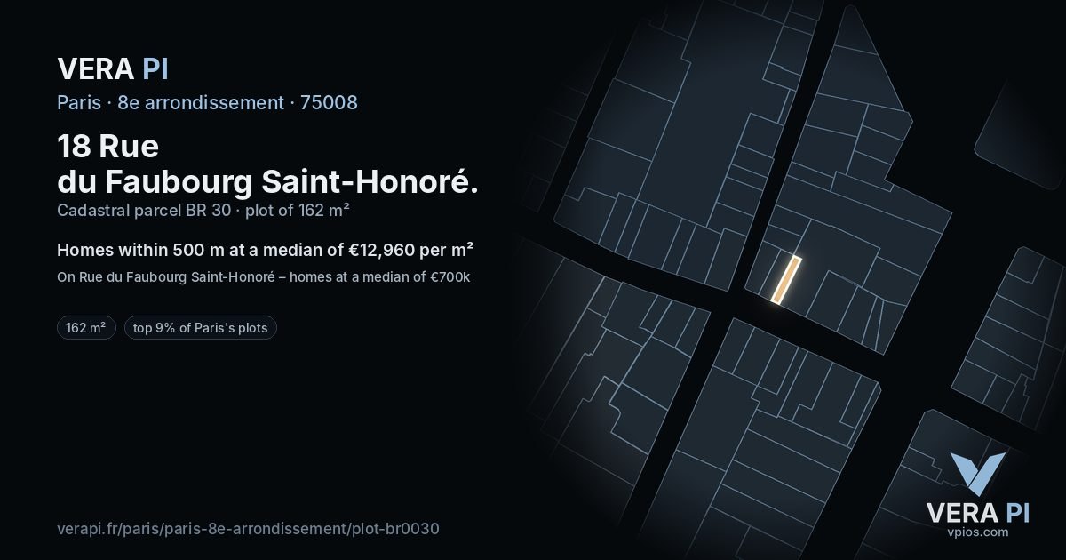 18 Rue du Faubourg Saint-Honoré, 8e arrondissement at night – the plot lit, the parcels around coloured by the prices near them