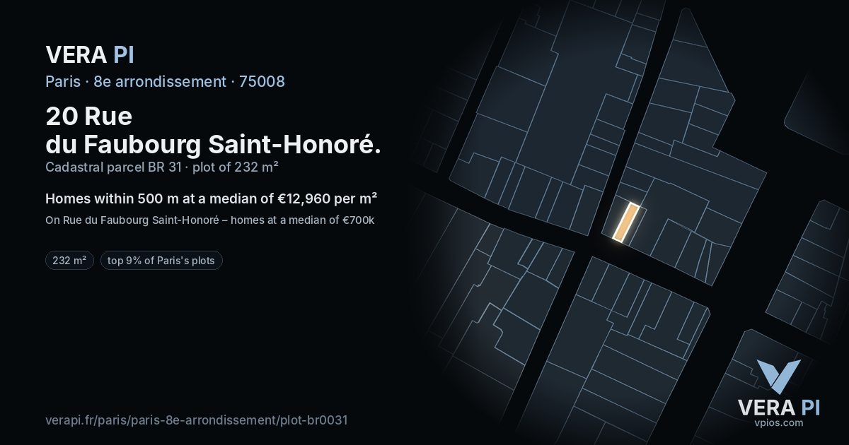 20 Rue du Faubourg Saint-Honoré, 8e arrondissement at night – the plot lit, the parcels around coloured by the prices near them