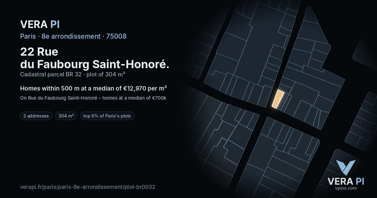22 Rue du Faubourg Saint-Honoré, 8e arrondissement at night – the plot lit, the parcels around coloured by the prices near them
