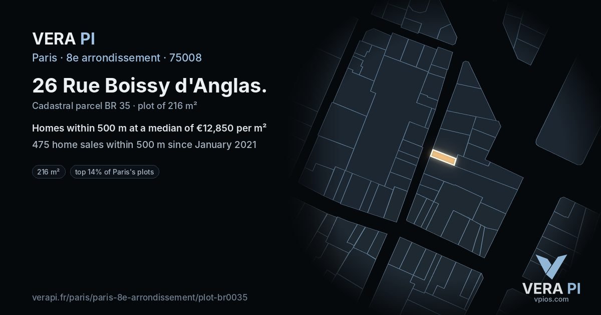 26 Rue Boissy d'Anglas, 8e arrondissement at night – the plot lit, the parcels around coloured by the prices near them