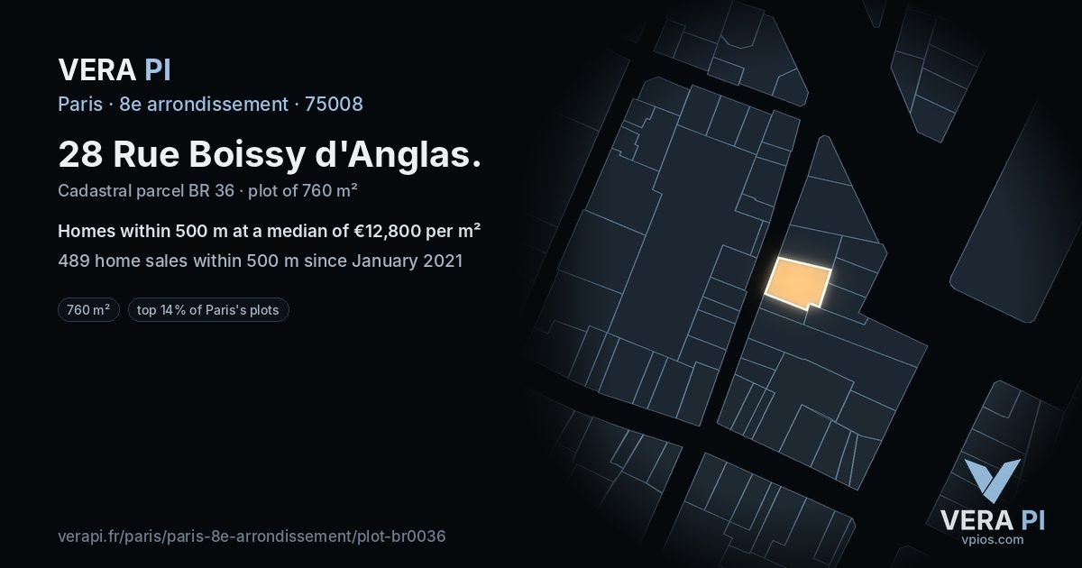 28 Rue Boissy d'Anglas, 8e arrondissement at night – the plot lit, the parcels around coloured by the prices near them
