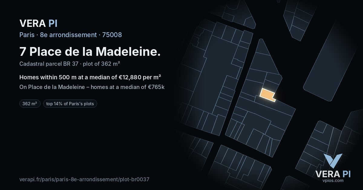 7 Place de la Madeleine, 8e arrondissement at night – the plot lit, the parcels around coloured by the prices near them
