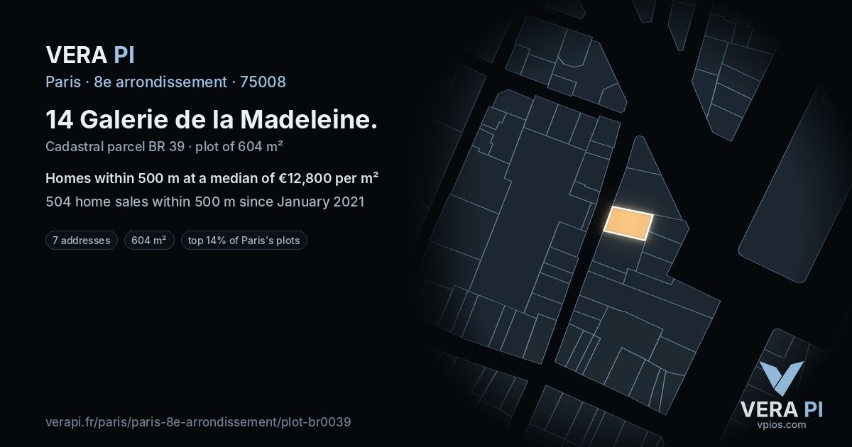 14 Galerie de la Madeleine, 8e arrondissement at night – the plot lit, the parcels around coloured by the prices near them