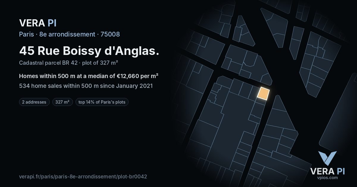 45 Rue Boissy d'Anglas, 8e arrondissement at night – the plot lit, the parcels around coloured by the prices near them