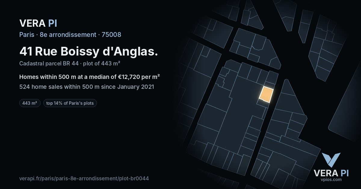 41 Rue Boissy d'Anglas, 8e arrondissement at night – the plot lit, the parcels around coloured by the prices near them
