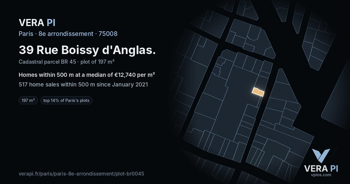 39 Rue Boissy d'Anglas, 8e arrondissement at night – the plot lit, the parcels around coloured by the prices near them