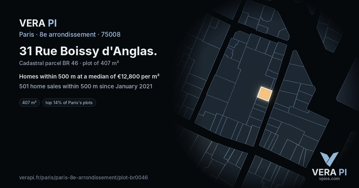 31 Rue Boissy d'Anglas, 8e arrondissement at night – the plot lit, the parcels around coloured by the prices near them