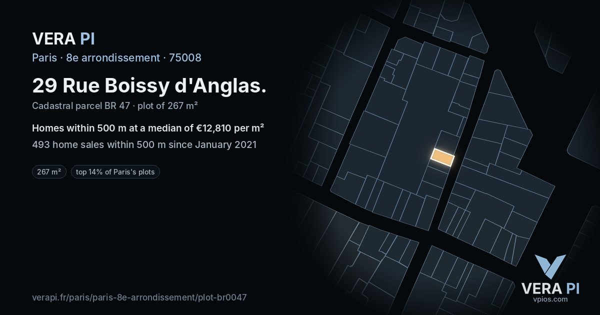 29 Rue Boissy d'Anglas, 8e arrondissement at night – the plot lit, the parcels around coloured by the prices near them