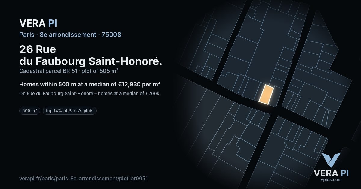 26 Rue du Faubourg Saint-Honoré, 8e arrondissement at night – the plot lit, the parcels around coloured by the prices near them