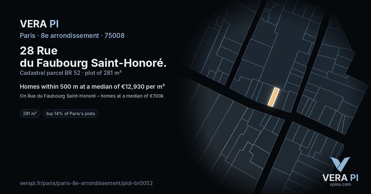 28 Rue du Faubourg Saint-Honoré, 8e arrondissement at night – the plot lit, the parcels around coloured by the prices near them