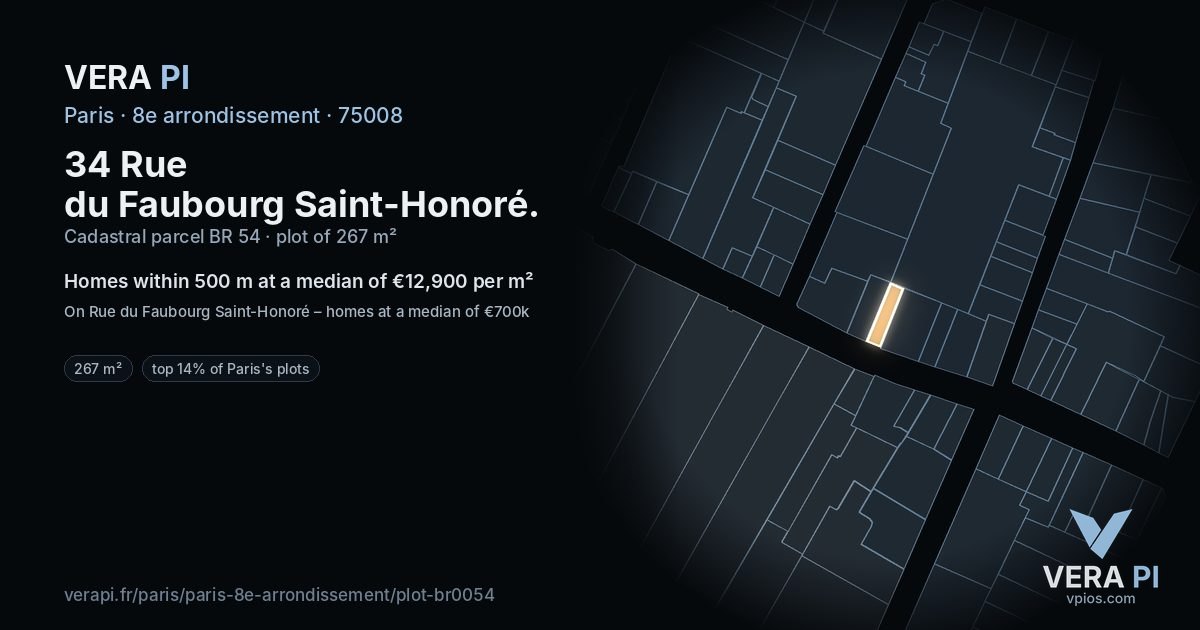34 Rue du Faubourg Saint-Honoré, 8e arrondissement at night – the plot lit, the parcels around coloured by the prices near them