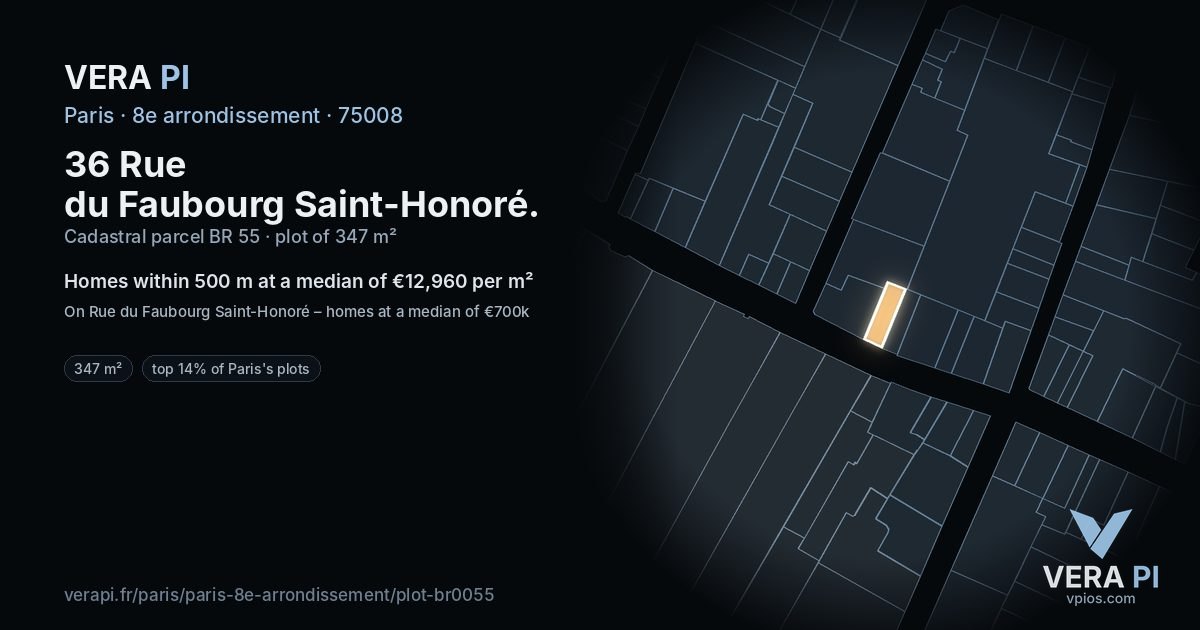 36 Rue du Faubourg Saint-Honoré, 8e arrondissement at night – the plot lit, the parcels around coloured by the prices near them