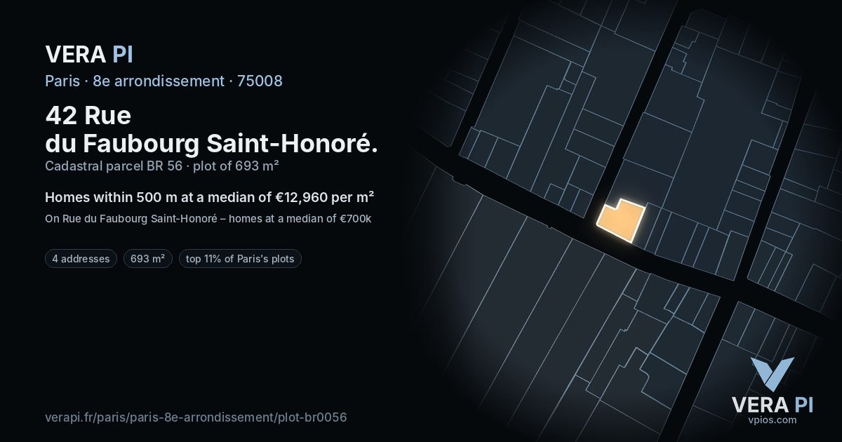 42 Rue du Faubourg Saint-Honoré, 8e arrondissement at night – the plot lit, the parcels around coloured by the prices near them