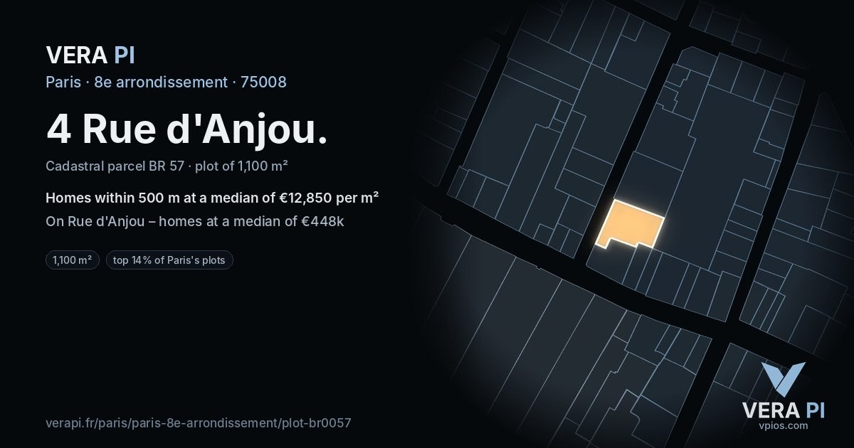 4 Rue d'Anjou, 8e arrondissement at night – the plot lit, the parcels around coloured by the prices near them