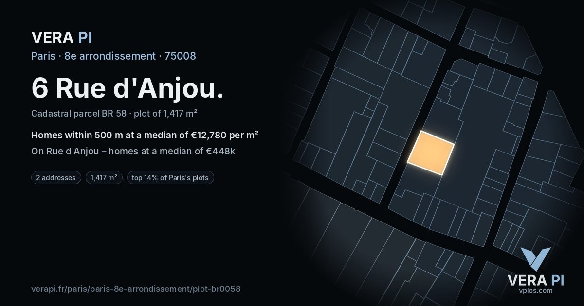 6 Rue d'Anjou, 8e arrondissement at night – the plot lit, the parcels around coloured by the prices near them