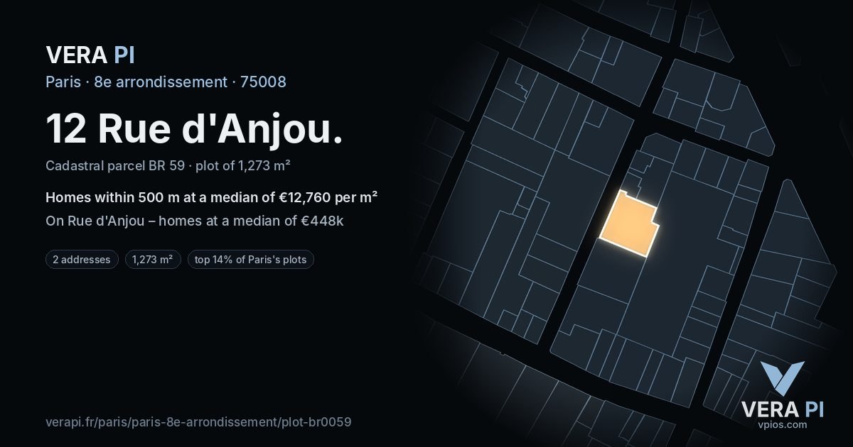 12 Rue d'Anjou, 8e arrondissement at night – the plot lit, the parcels around coloured by the prices near them