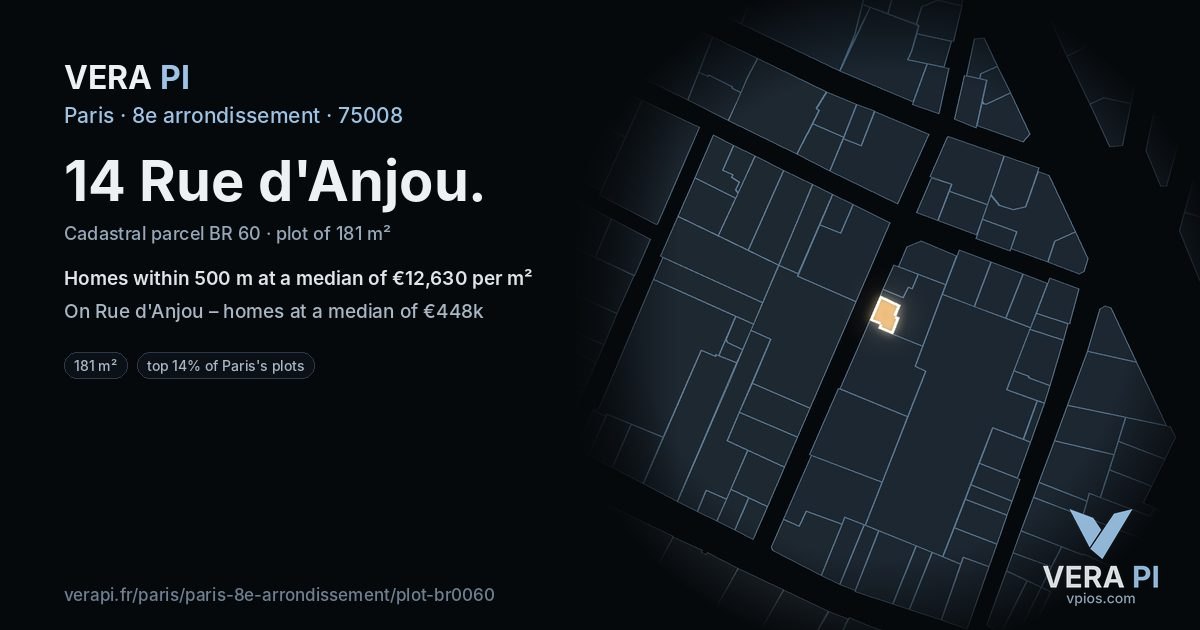 14 Rue d'Anjou, 8e arrondissement at night – the plot lit, the parcels around coloured by the prices near them
